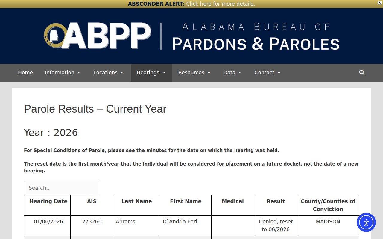 Tuscaloosa County parole hearing results for post-release supervision
