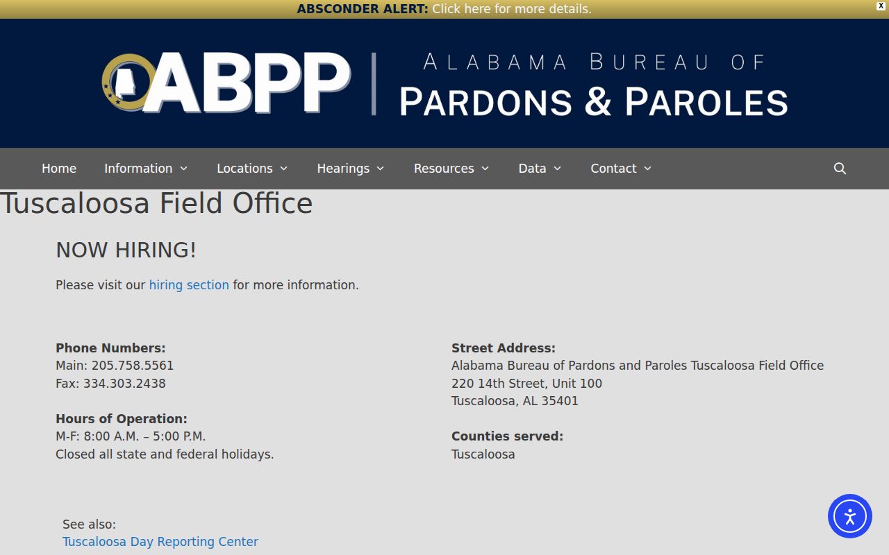 Tuscaloosa County post-release supervision ABPP Field Office page